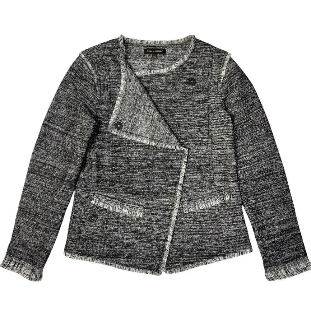 BANANA REPUBLIC Small Asymmetrical‎ Black Gray Tweed Jacket Fringe Career Casual